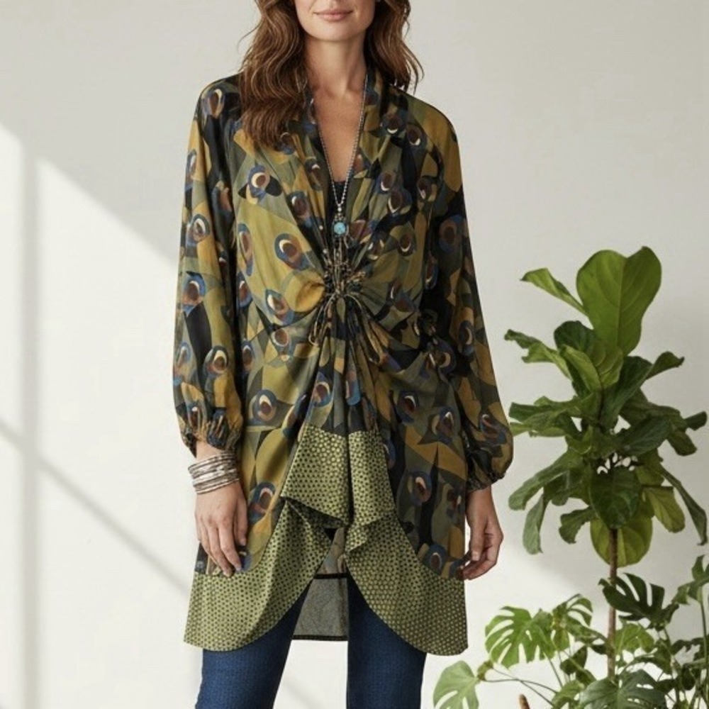 Alembika Satin Abstract Geometric Tunic Top Blouse Dress Sz‎ S Lagenlook Boho